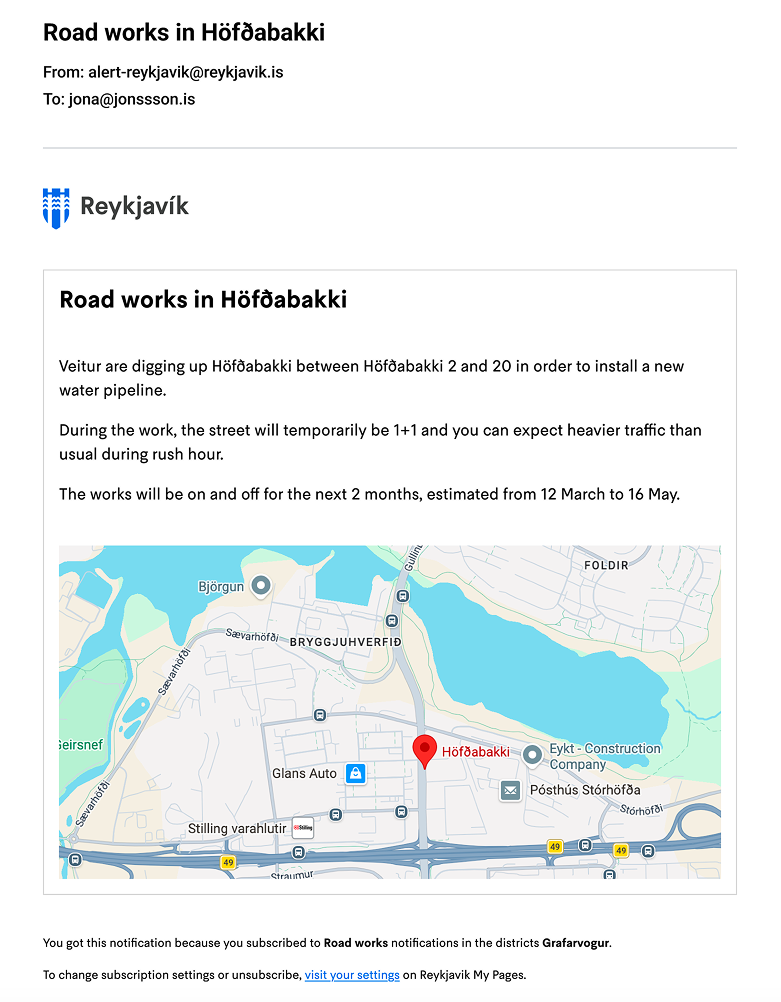 Email notification showing what, where, when, why and what to do, with a location map