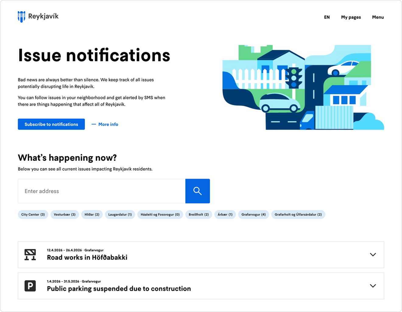 Mid-fidelity wireframe of the Alert Reykjavík landing page with the public notifications dashboard