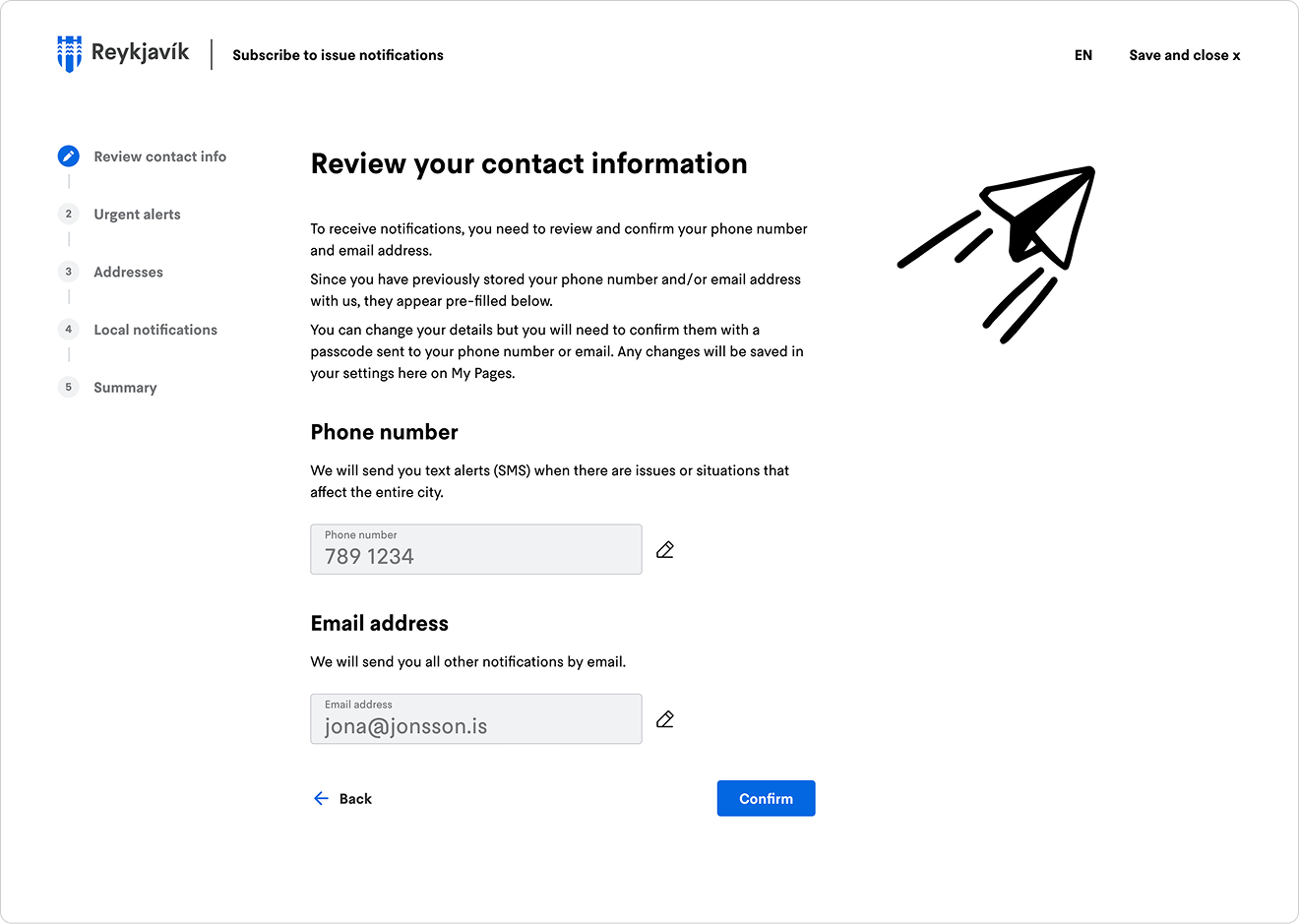 Mid-fidelity wireframe of the sign-up step reviewing the subscriber's contact information