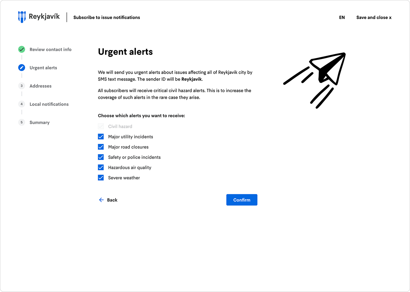 Mid-fidelity wireframe of the sign-up step for urgent city-wide alerts