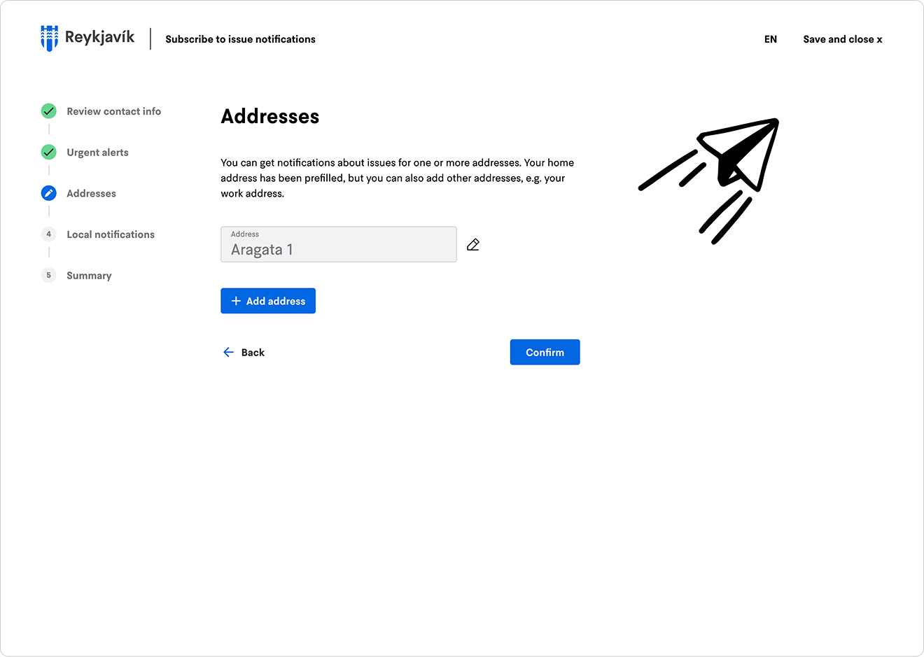 Mid-fidelity wireframe of the sign-up step confirming the subscriber's address