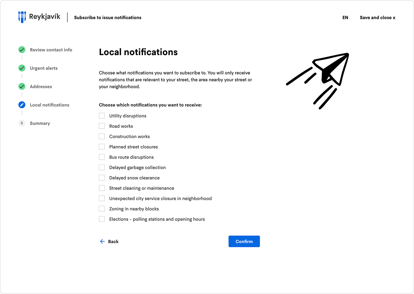 Mid-fidelity wireframe of the sign-up step selecting local notification categories