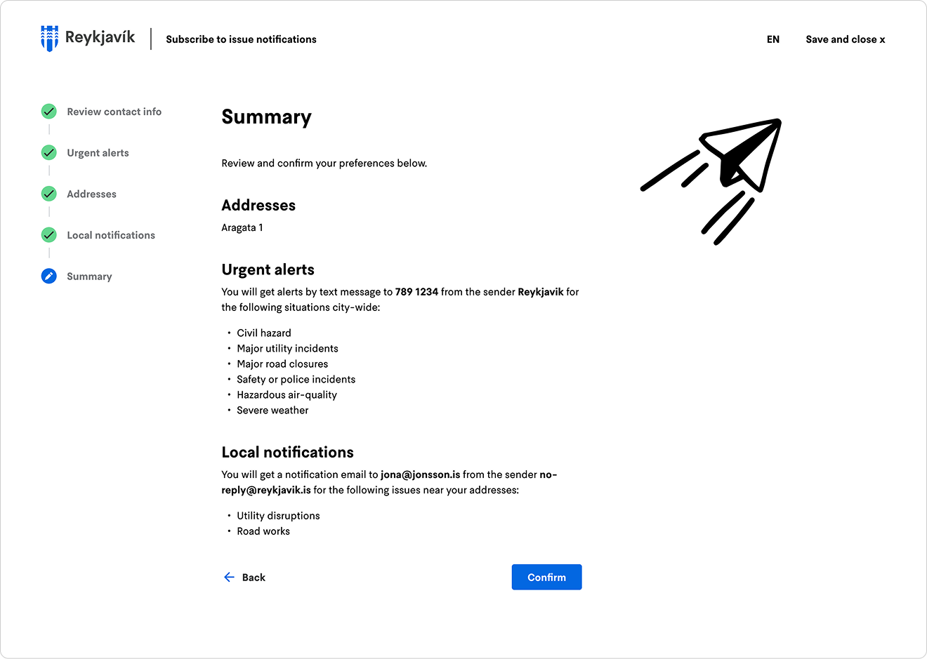 Mid-fidelity wireframe of the sign-up summary and confirmation screen