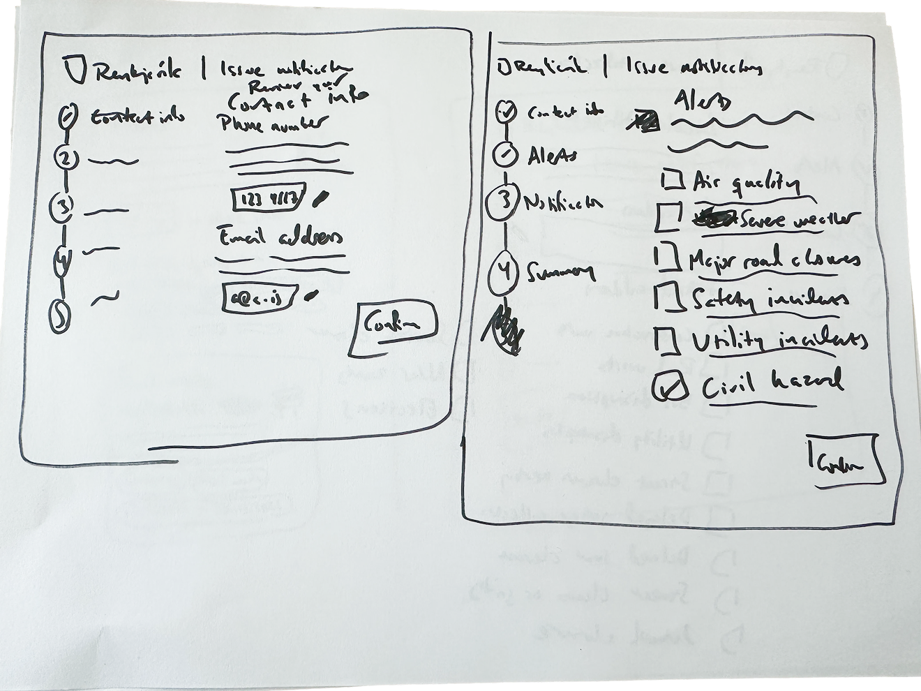 Further paper wireframe sketches exploring the sign-up steps and notification layouts