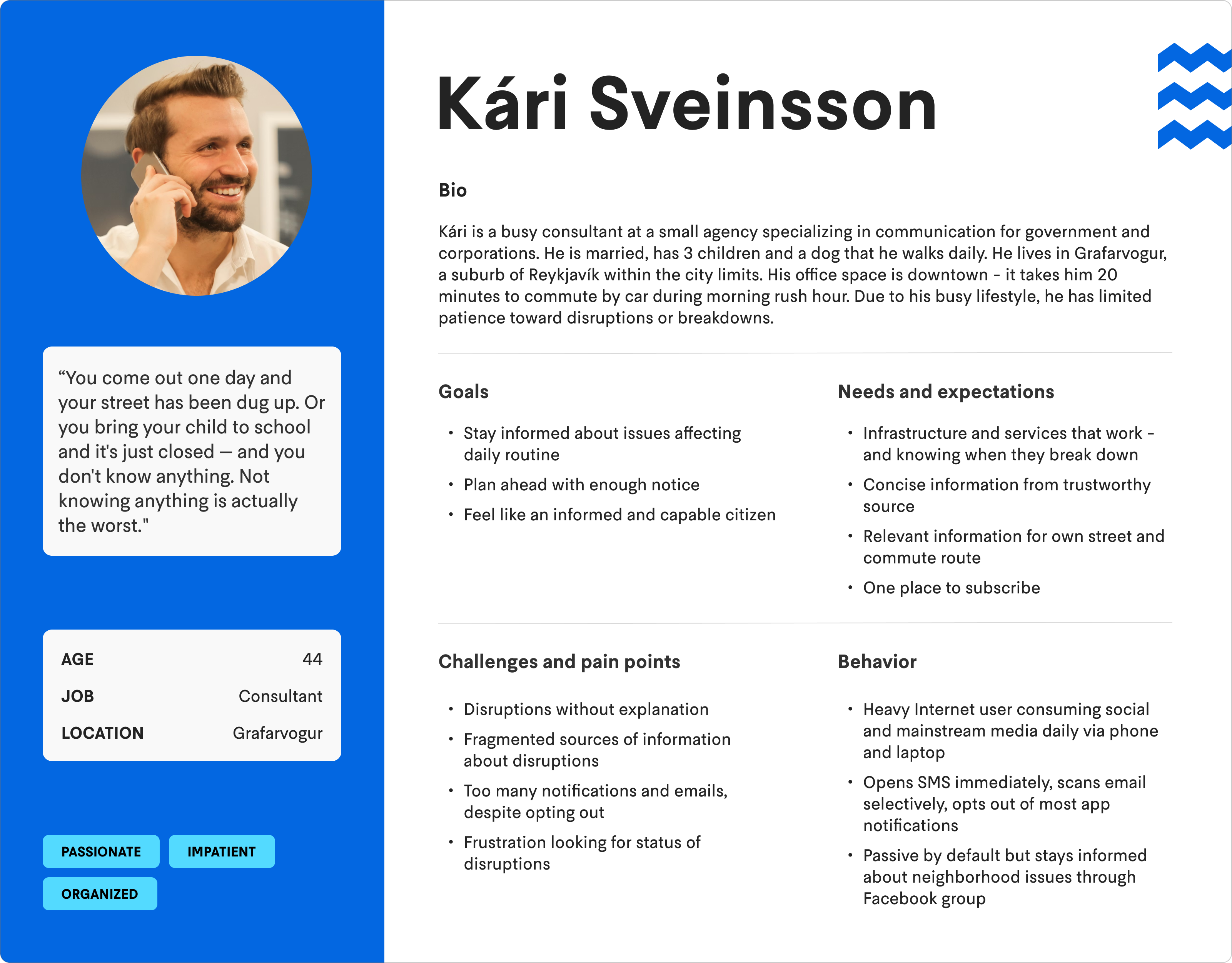 Persona profile for Kári Sveinsson with his goals, frustrations and needs