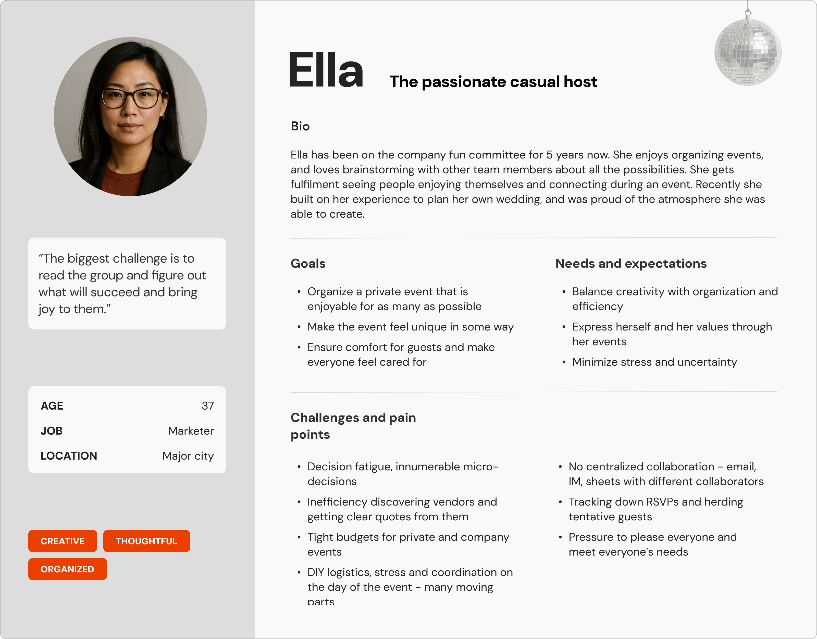 Persona profile for Ella, the amateur event planner, with goals, frustrations and needs