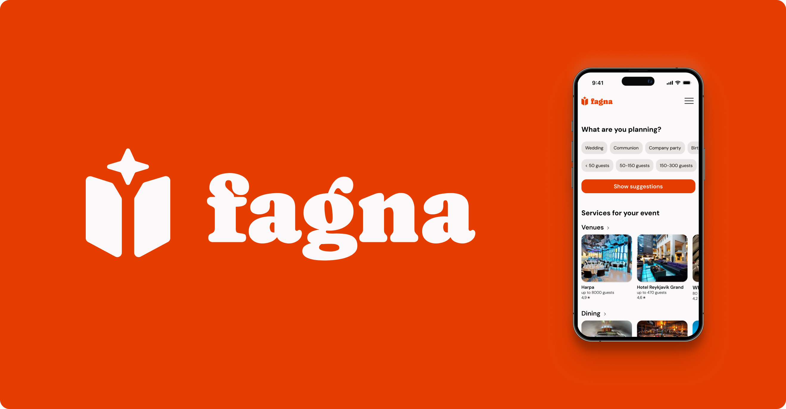 The Fagna logo beside two phone screens showing the app