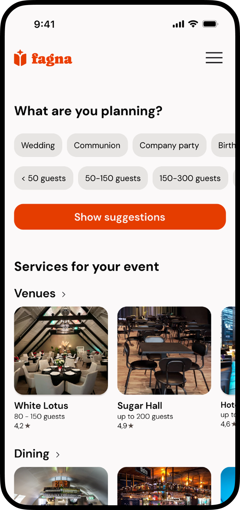 High-fidelity Fagna home screen — choosing what you are planning