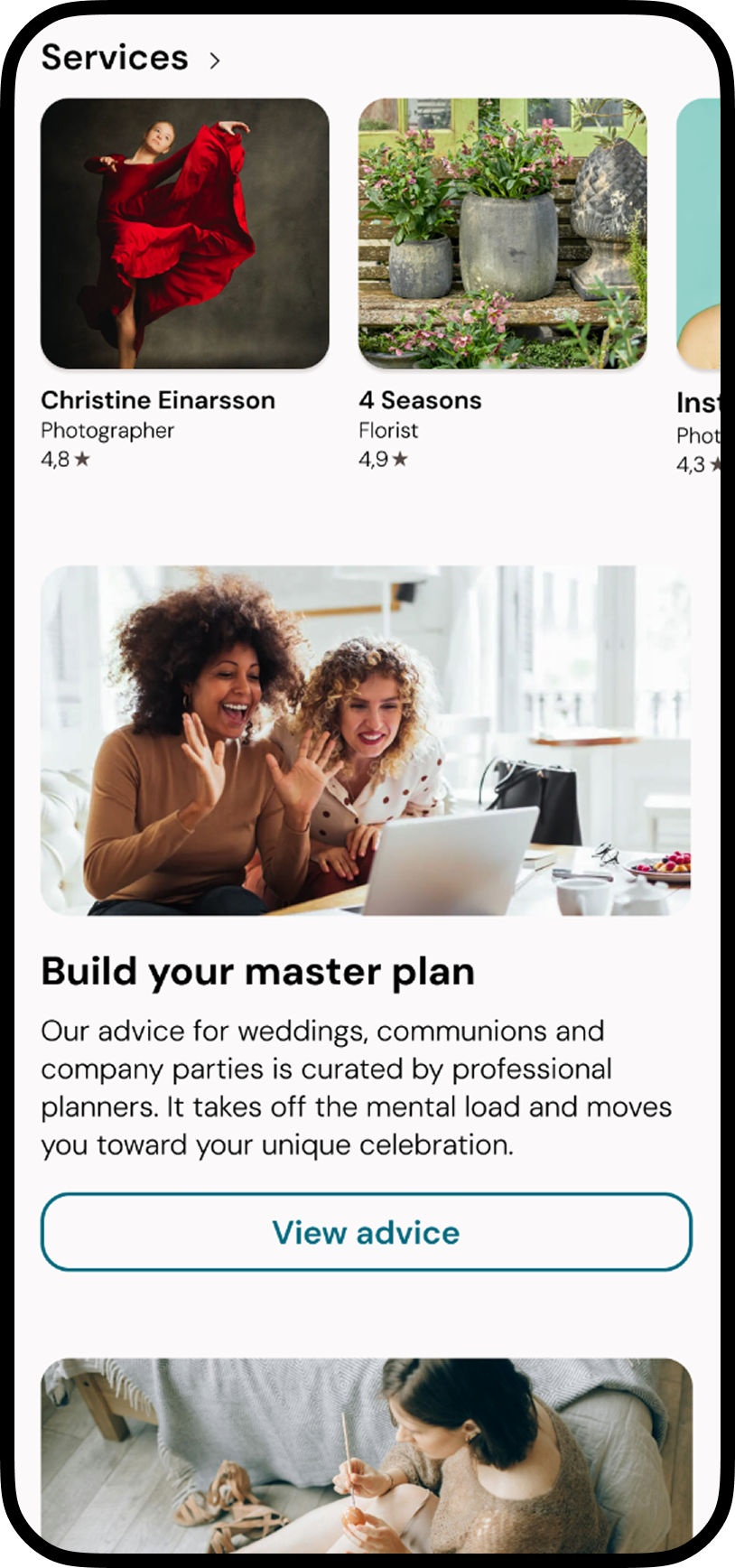 High-fidelity Fagna screen showing services and the Build your master plan advice card