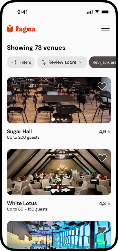 High-fidelity Fagna venue listings screen showing 73 venues