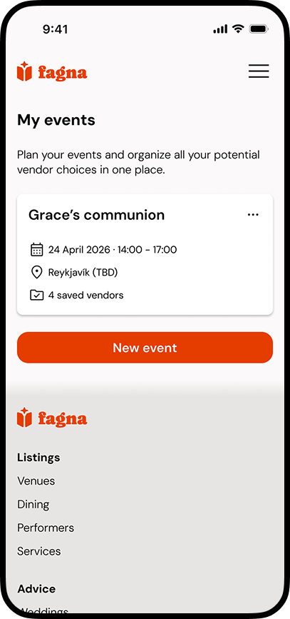 High-fidelity Fagna My events screen with a saved event and favourites