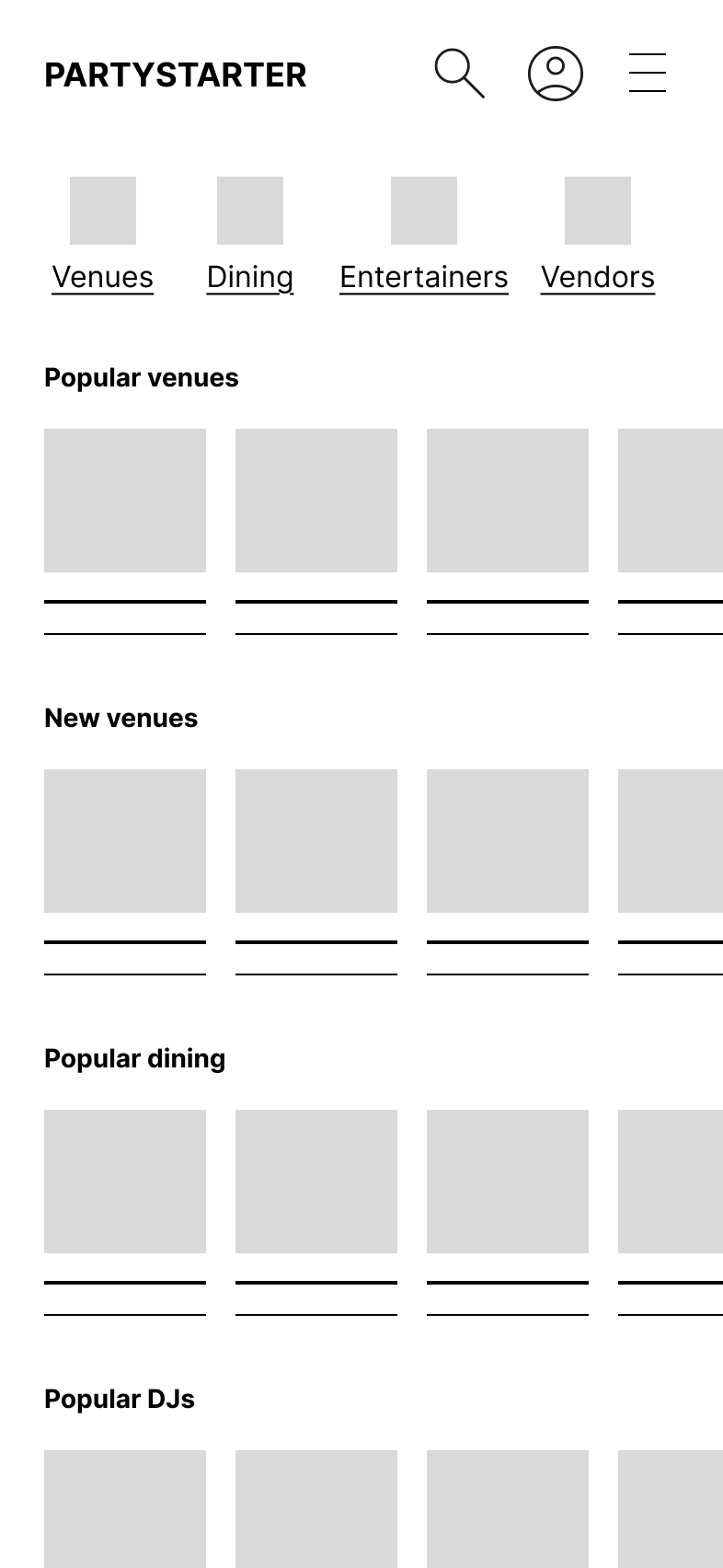 Lo-fi wireframe of the Fagna home screen