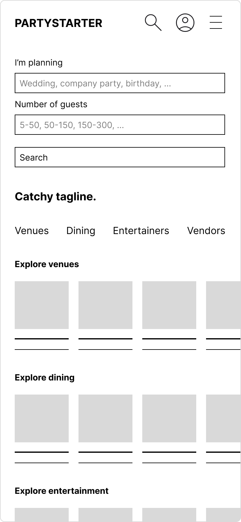 Lo-fi wireframe of the vendor category listing
