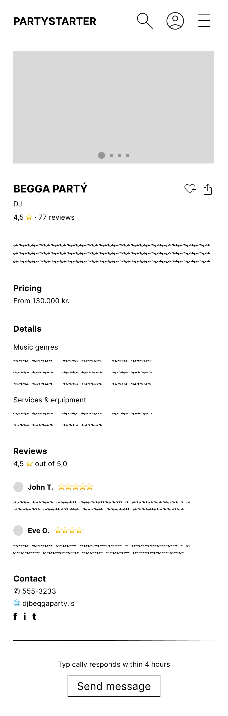 Lo-fi wireframe of the vendor profile screen