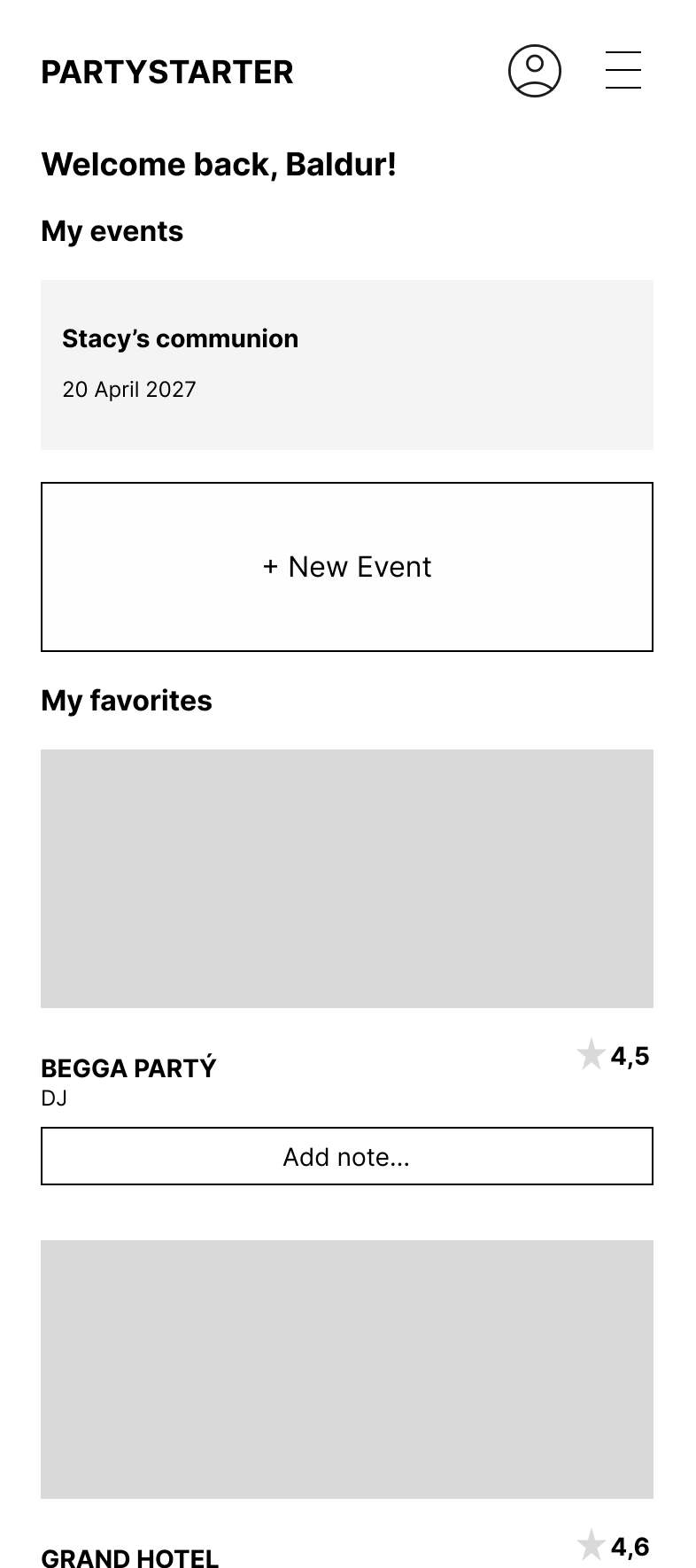 Lo-fi wireframe of the My events screen