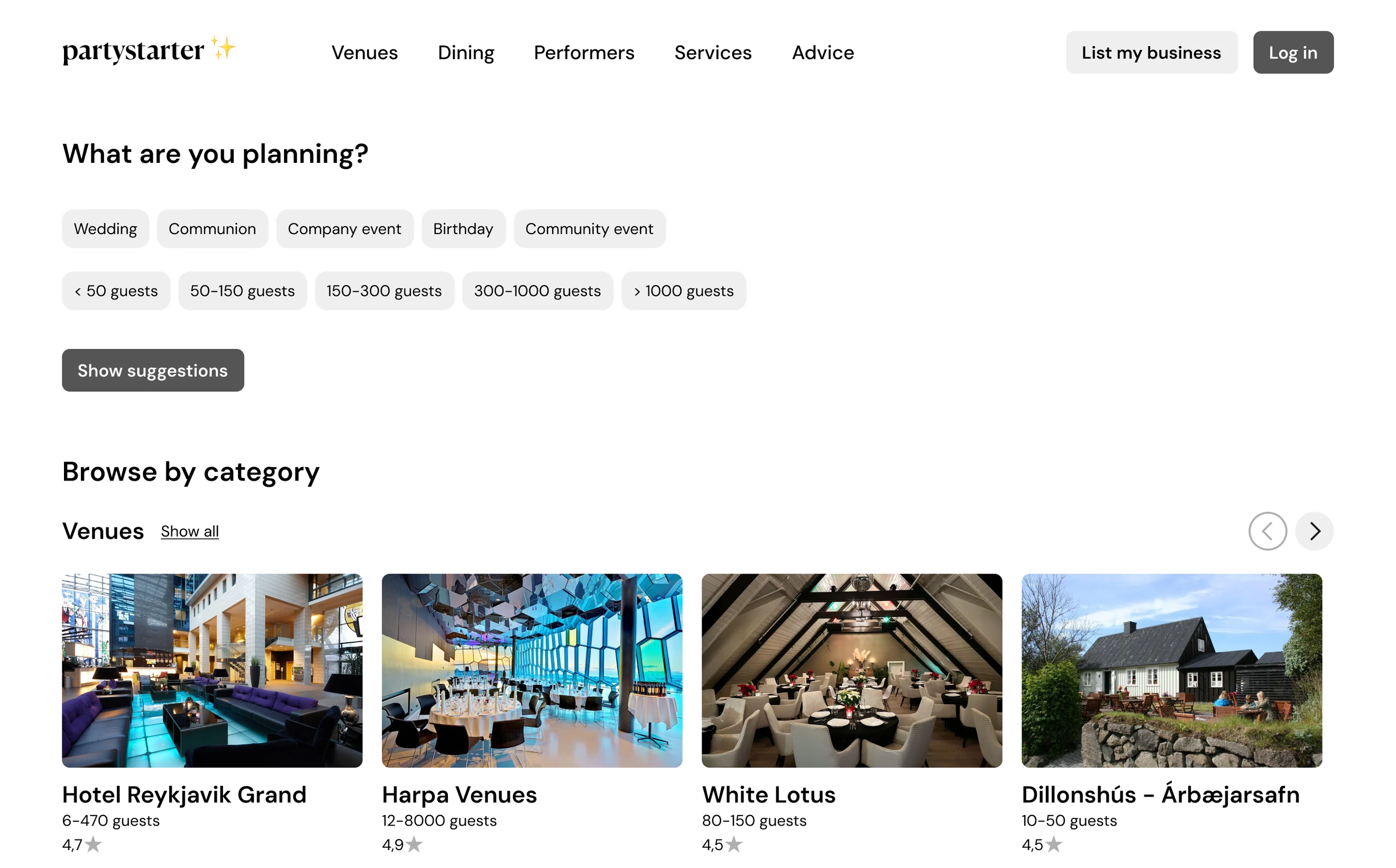 Mid-fidelity desktop wireframe of the Fagna vendor browsing screen