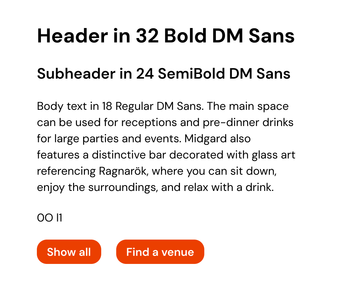 DM Sans type specimen showing headers, body text and buttons