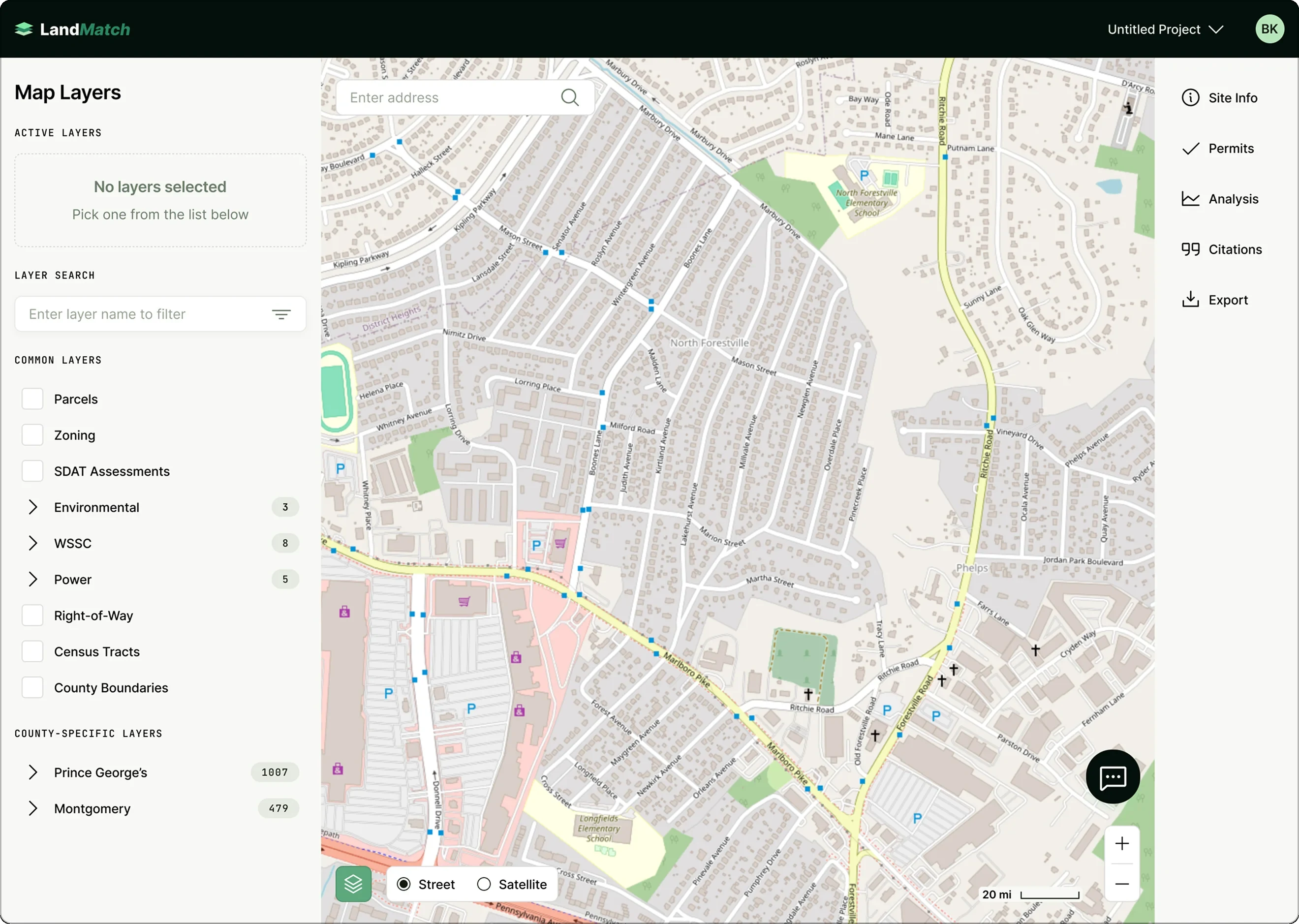 High-fidelity map view with the layers panel and parcel map, no site selected yet
