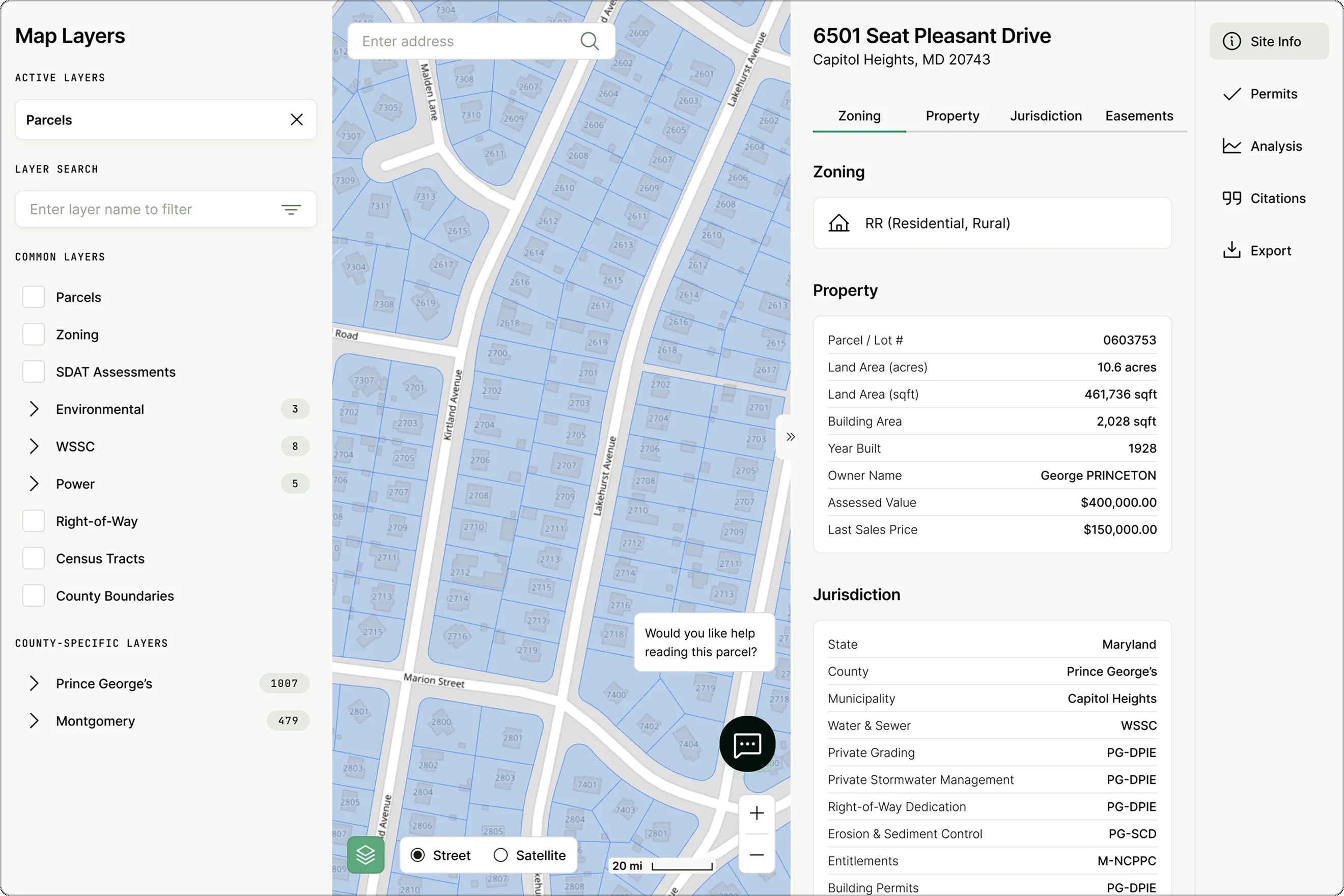 High-fidelity site detail for 6501 Seat Pleasant Drive, with zoning, property and jurisdiction data beside the map