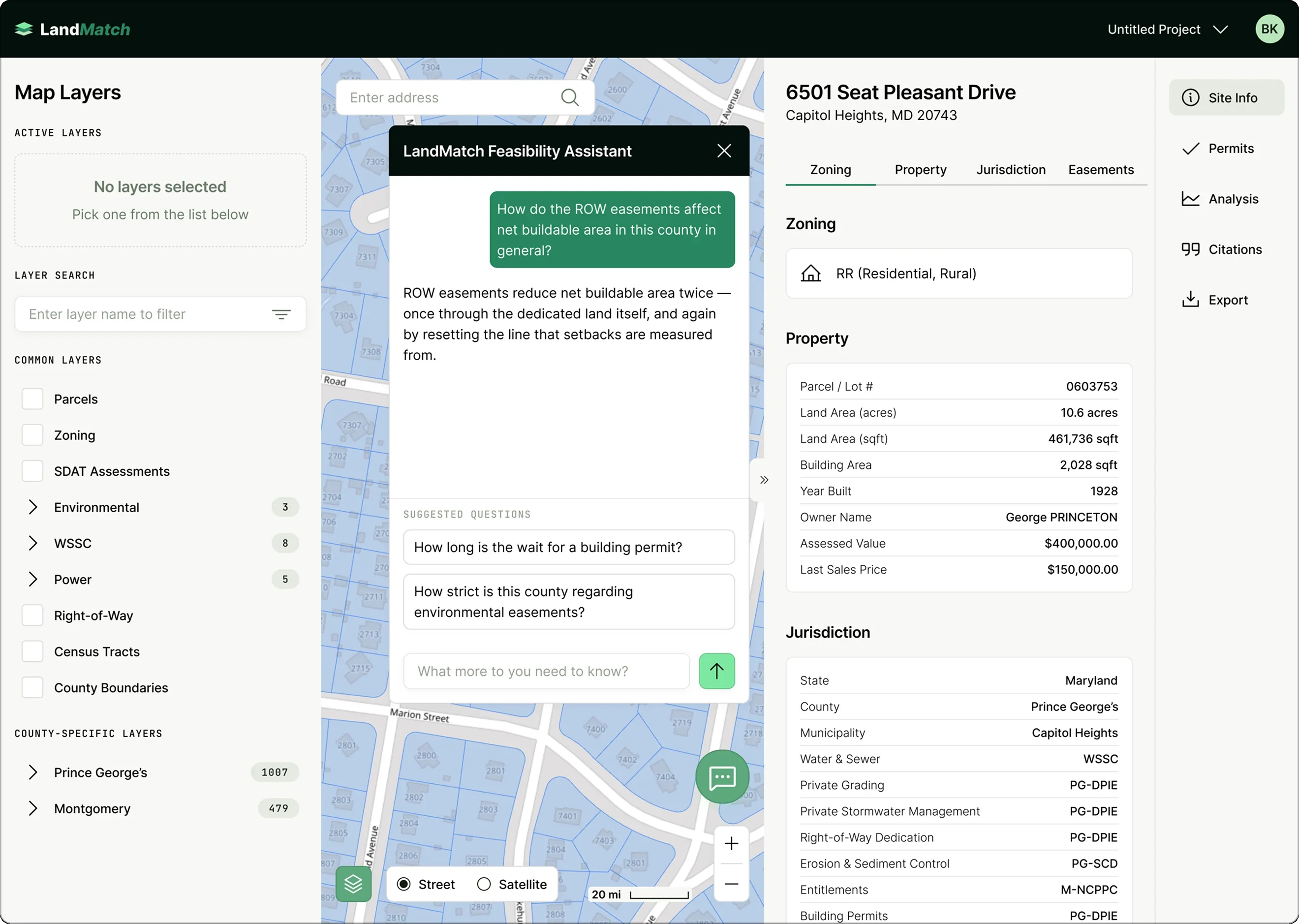 High-fidelity view with the LandMatch AI feasibility assistant open over the map