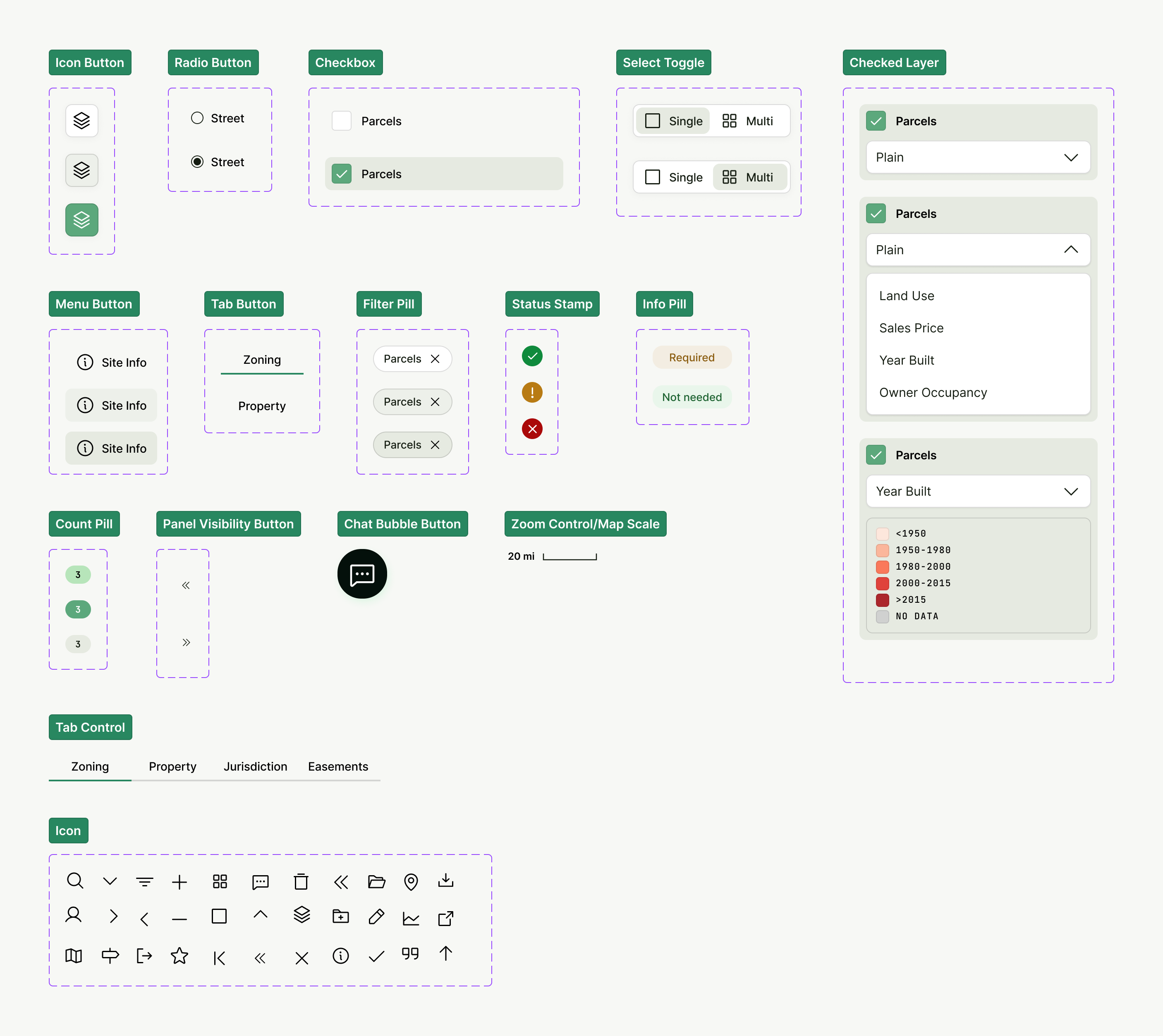 The LandMatch UI component library — buttons, toggles, layer rows, chips, icons and legends
