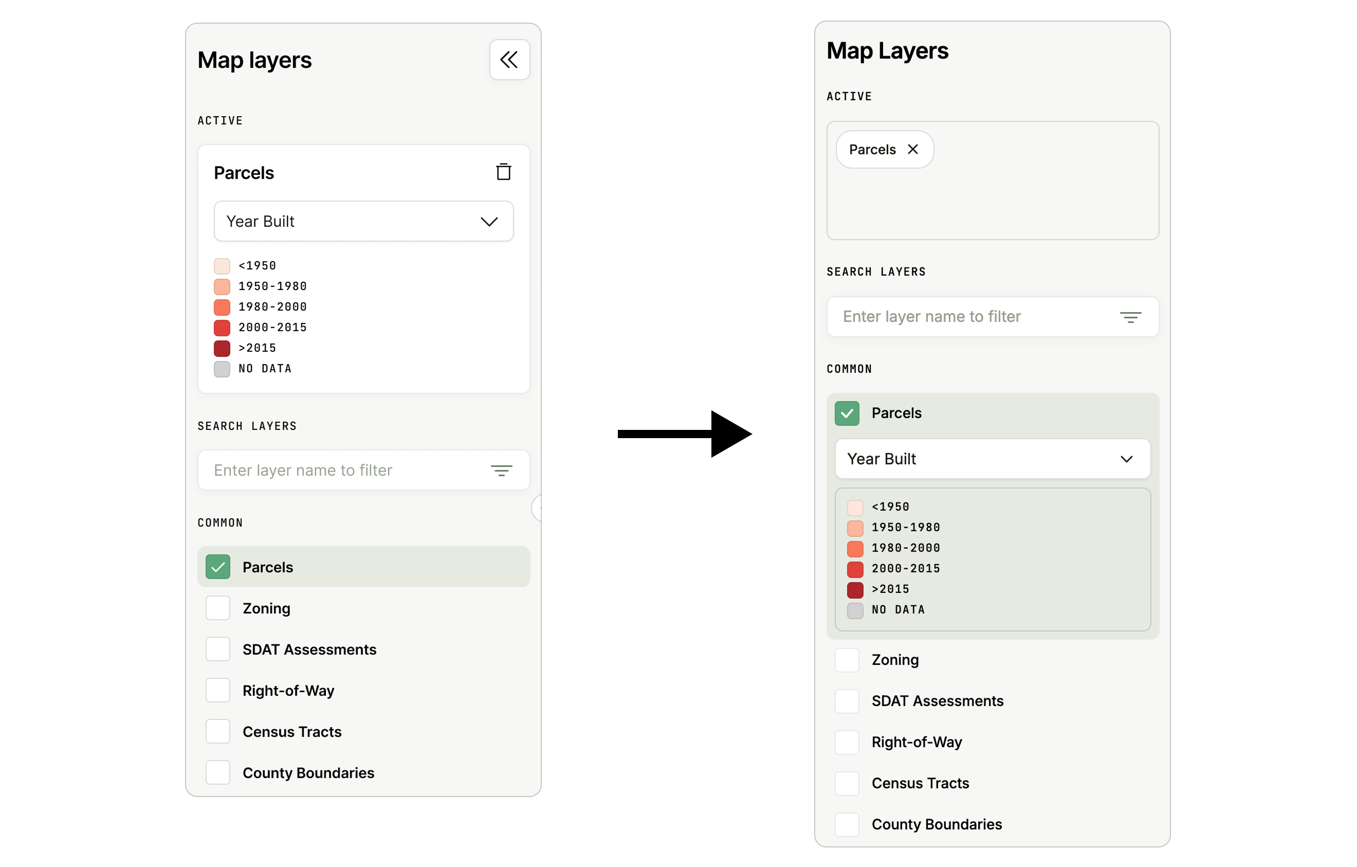 Before and after of the Map layers panel: view selection and legend moved out of the active layers panel and back into inline selection