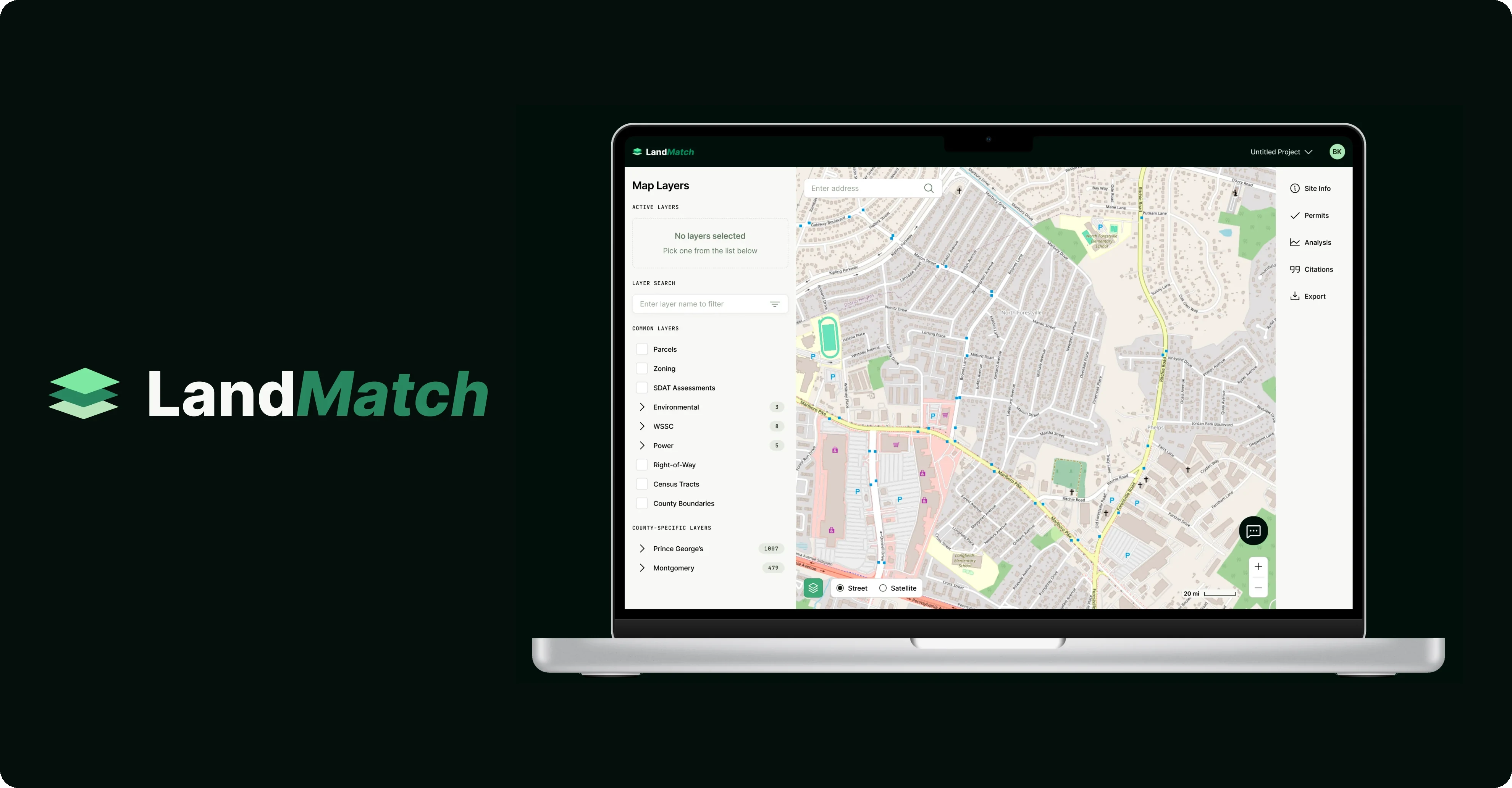 The LandMatch web app showing a parcel map alongside its feasibility analysis panel