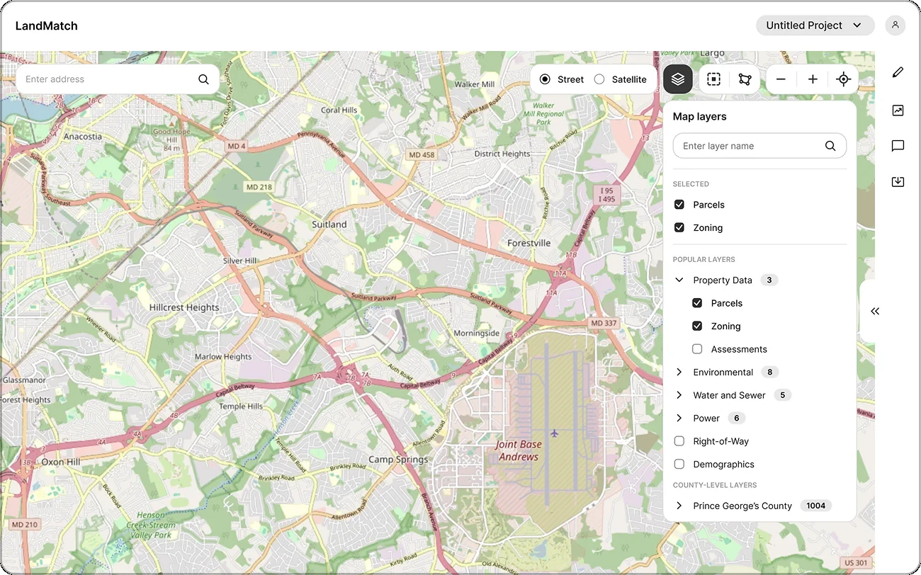 Version 1 lo-fi wireframe with map controls in the top-right and site detail on the left