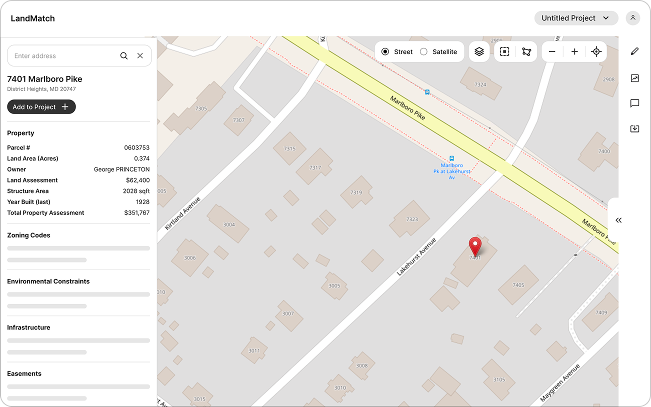 Version 1 lo-fi wireframe of the site detail and analysis view