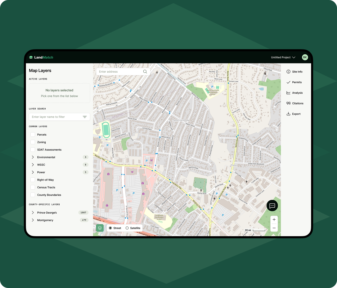 The LandMatch web app shown on a laptop