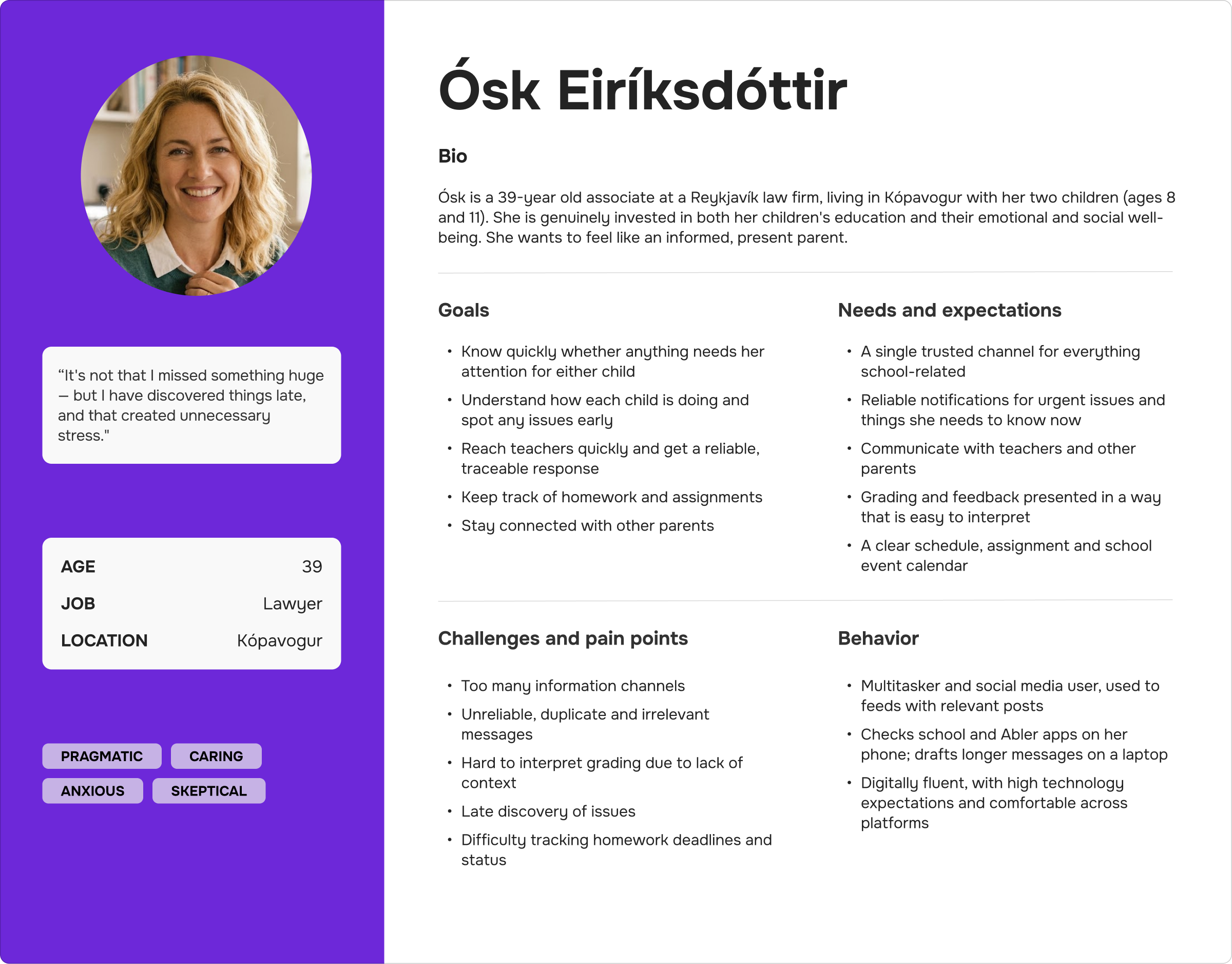 Persona profile for Ósk Eiríksdóttir, the engaged but busy primary persona, with her goals, needs and behaviours