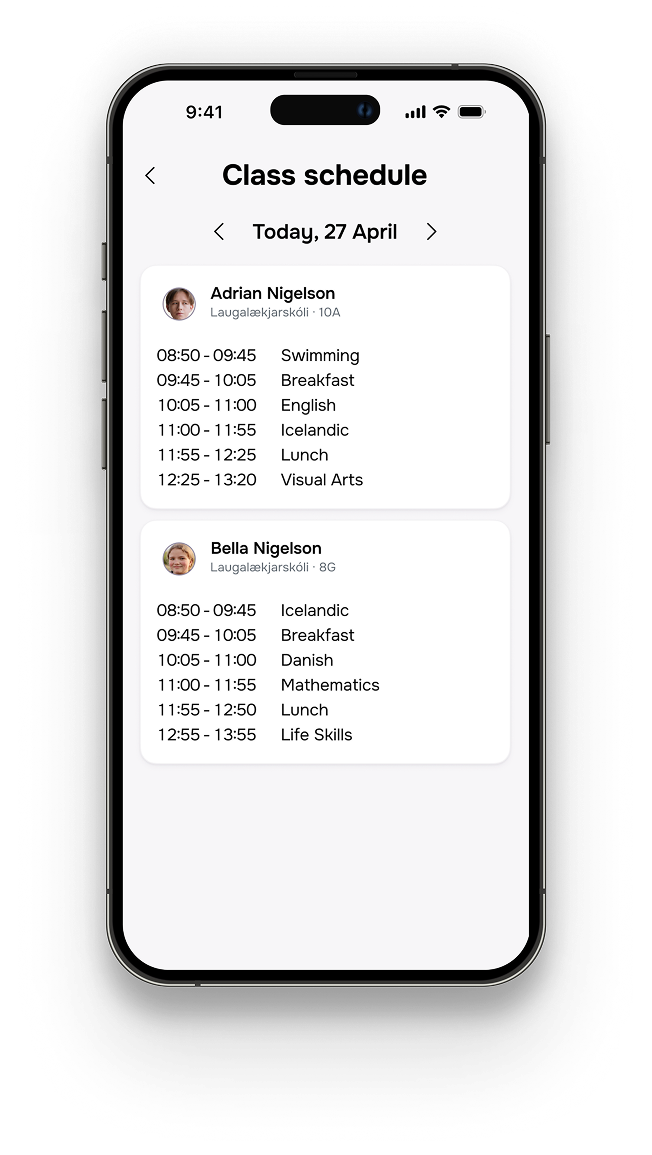 High-fidelity class schedule showing each child's timetable for the day