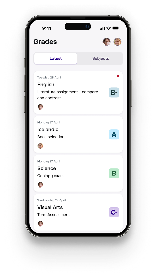 High-fidelity grades feed on the Latest tab, a chronological list of grades