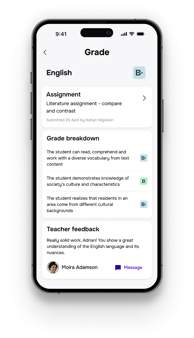 High-fidelity grade detail for English, showing the assignment, grade breakdown and teacher feedback