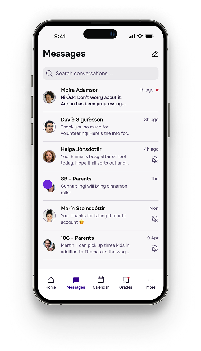 High-fidelity messages screen with the parent's conversation list