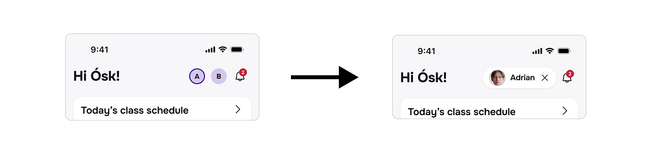 Before and after of the home screen filter: previously two child avatars acting as toggles, now a single selected child shown as a removable chip