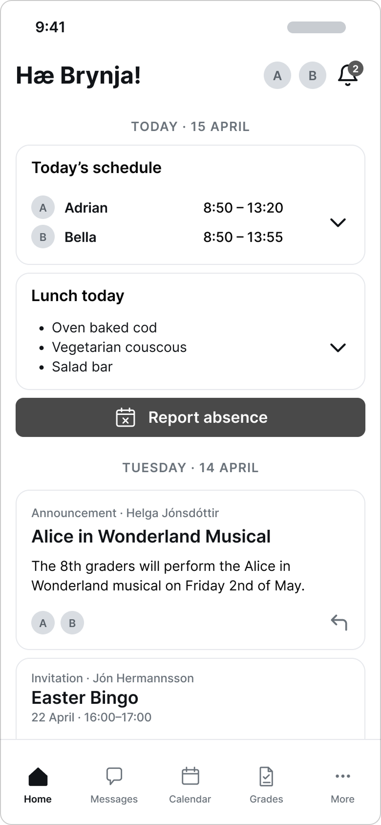 Lo-fi wireframe of the Stund home dashboard with today's schedule, lunch and announcements