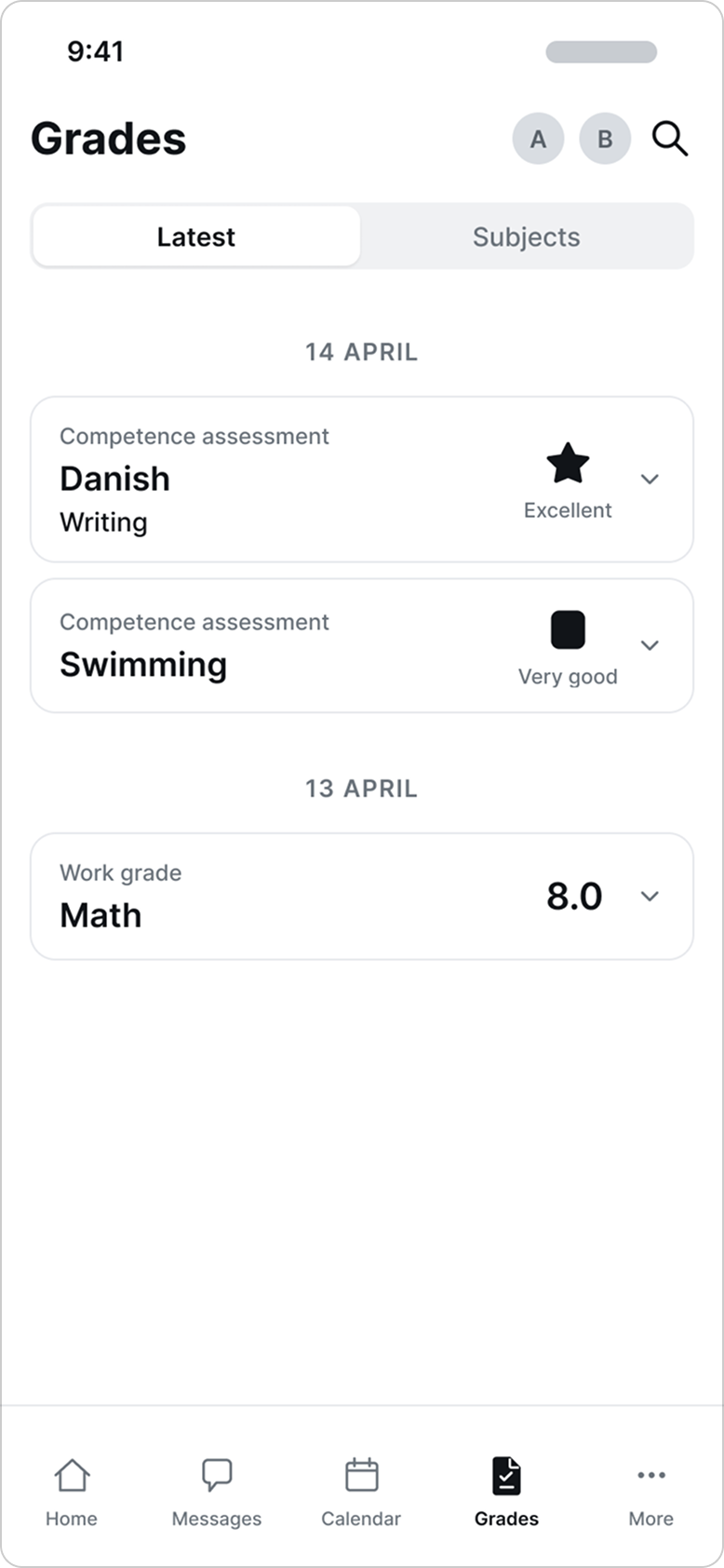 Lo-fi wireframe of the grades feed, latest tab