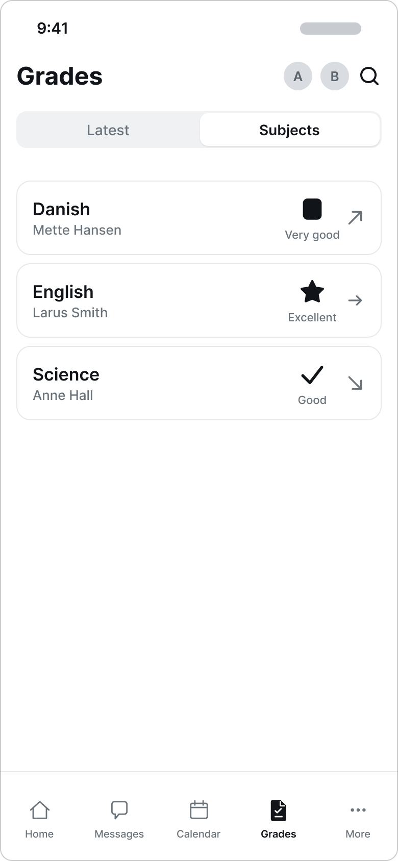 Lo-fi wireframe of the grades overview by subject