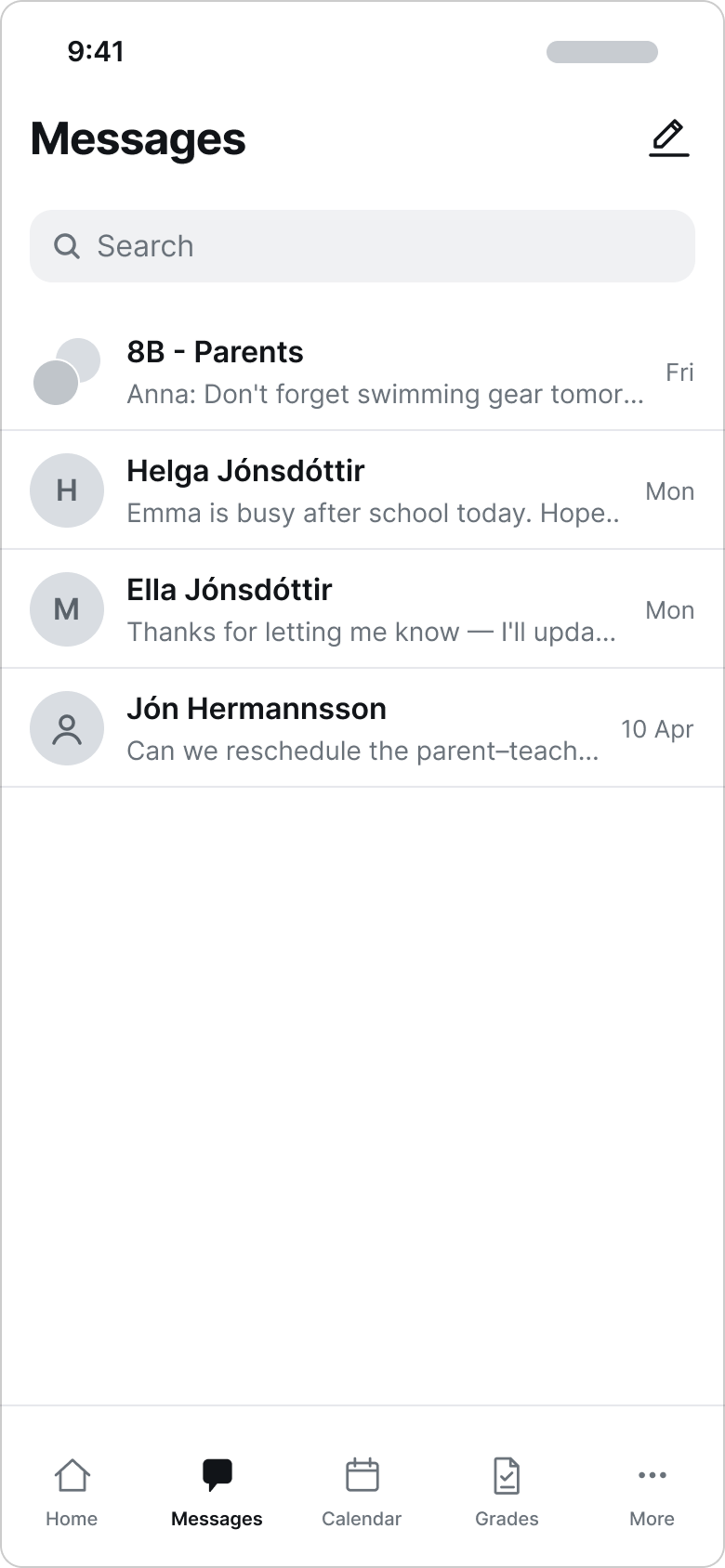Lo-fi wireframe of the messages conversation list