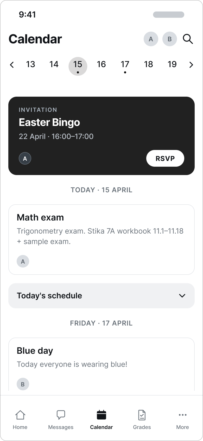 Lo-fi wireframe of the calendar with an event invitation and daily agenda