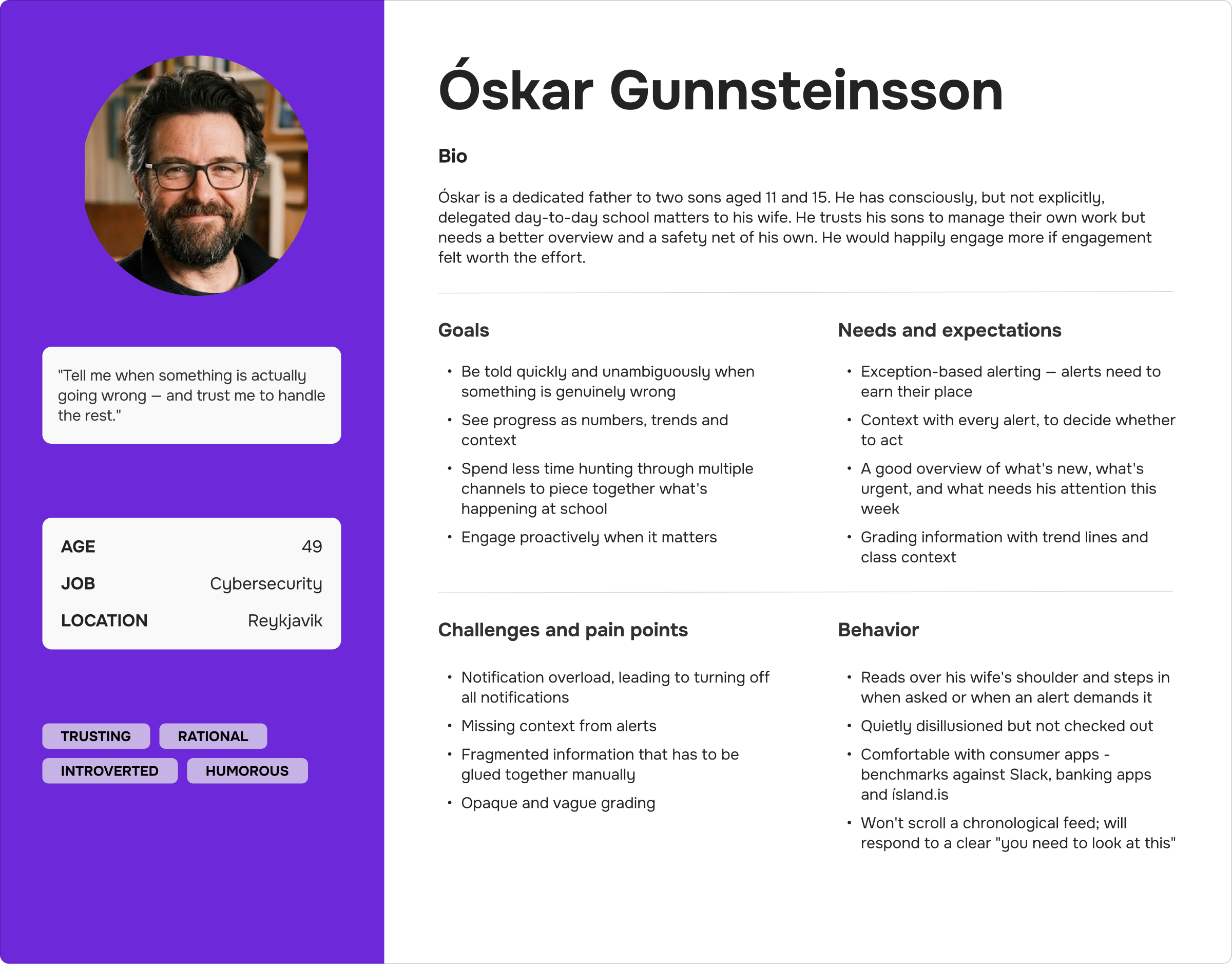 Persona profile for Óskar Gunnsteinsson, the more hands-off secondary persona, with his goals, needs and behaviours
