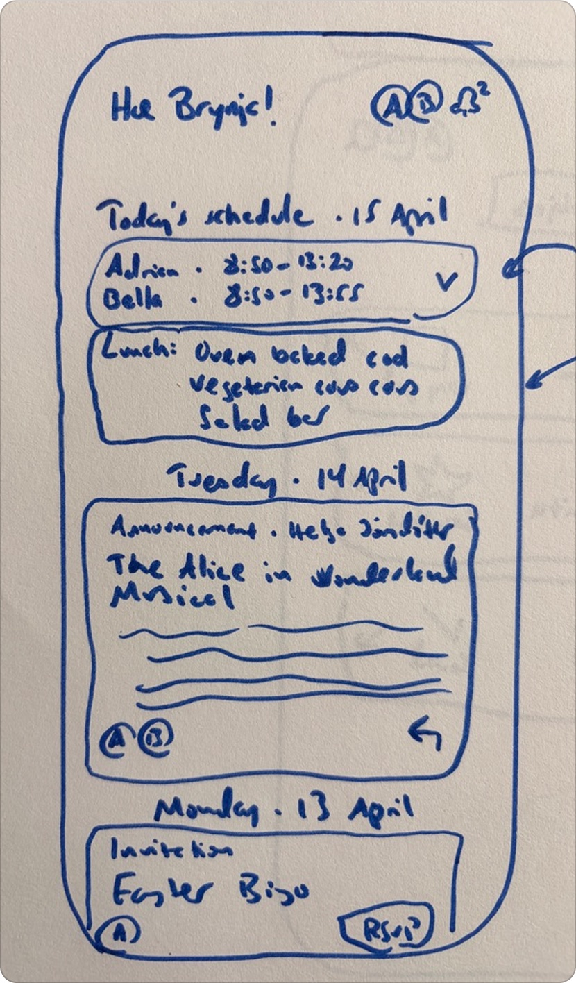 Hand-drawn sketches exploring the Stund home screen and navigation