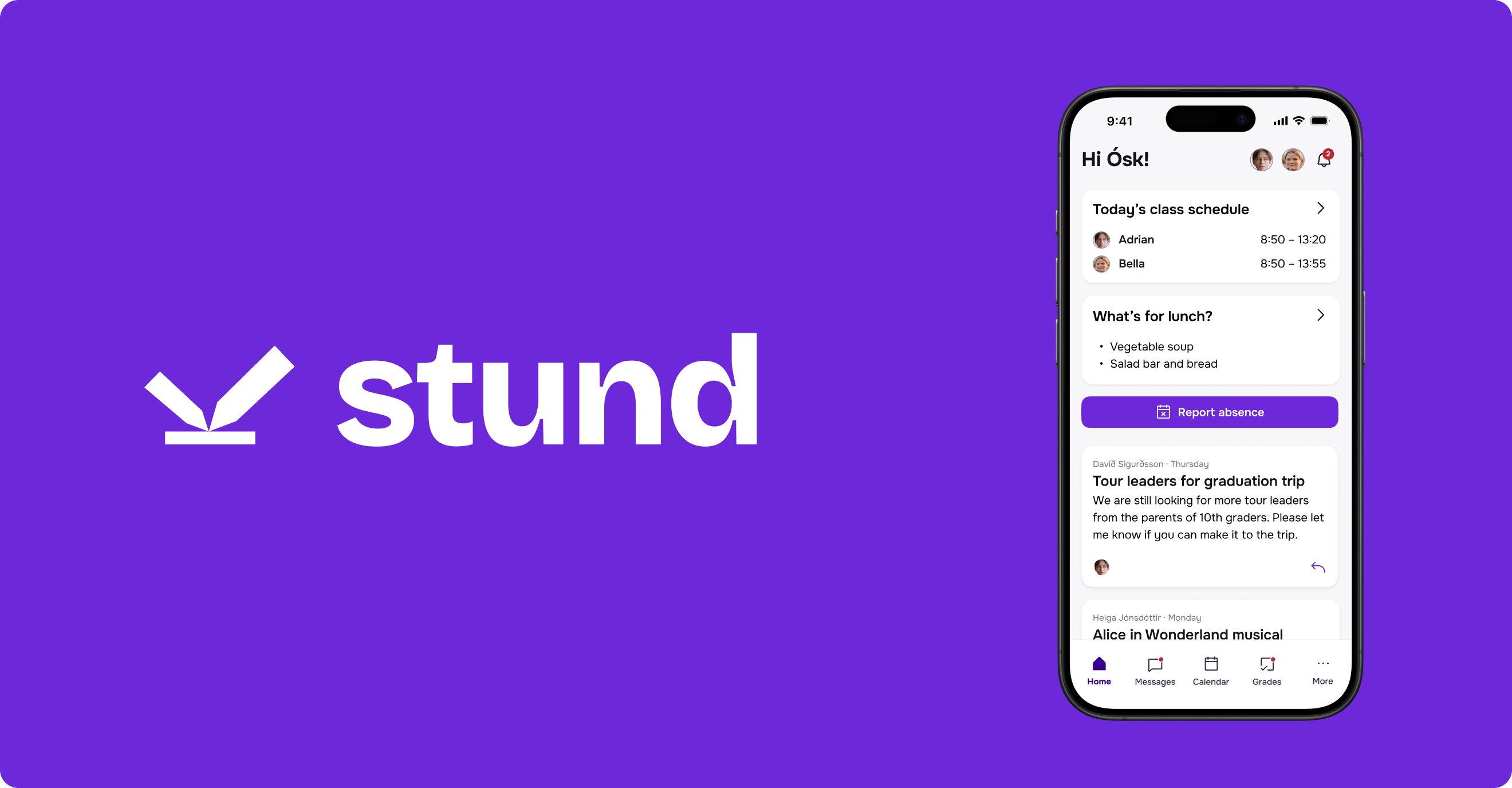 The Stund wordmark and logo beside the app's home screen on an iPhone