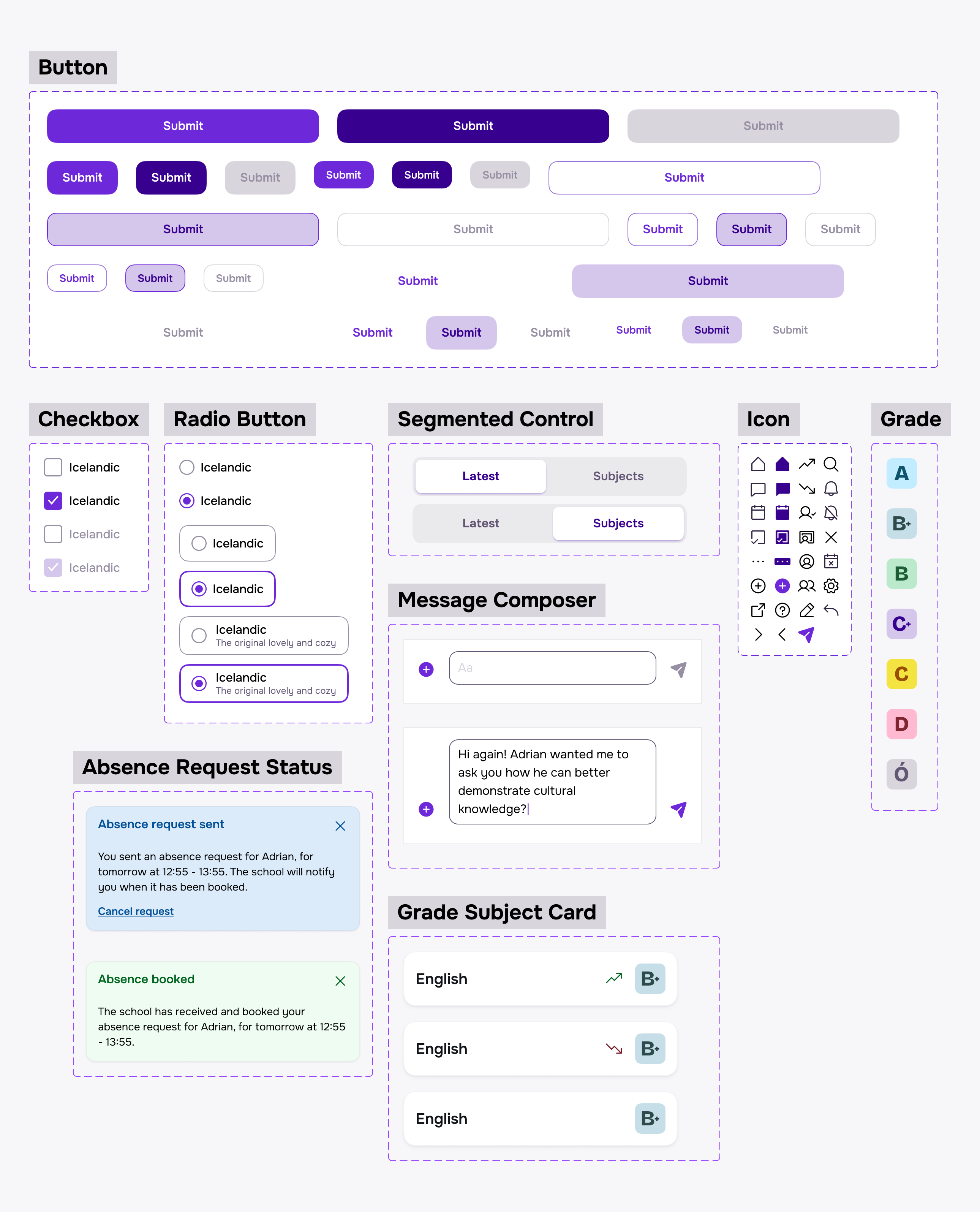 The Stund UI library, showing button states, checkboxes and radio buttons, segmented tabs, toast notifications, a message composer, the icon set, grade chips and subject list items